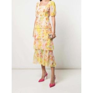 NWT Marchesa Notte Daffodil Tiered Midi Dress Size 12